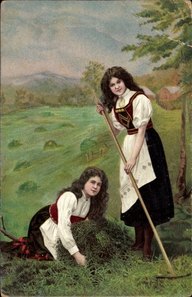 Künstler Litho Eneret, J. F.,Zwei Mädchen in Norwegischer Tracht auf dem Feld