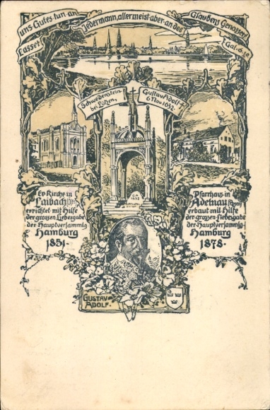 Litho Hamburg, Kirchen erbaut mit Liebesgabe der Hauptversammlung der Gustav Adolf Stiftung 1851/78 