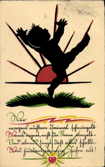 Scherenschnitt Ak Junge auf einer Wiese bei Sonnenaufgang, Gedicht