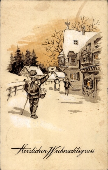 Litho Frohe Weihnachten, Briefträger