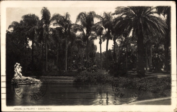 Ak Palermo Buenos Aires Argentinien, Jardines de Palermo,  Palmen, Statue, Wasser
