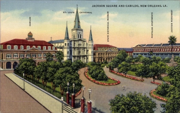 Ak New Orleans Louisiana USA, Jackson Square, St. Louis Cathedral, Cabildo, Pontalba Apartments, 
