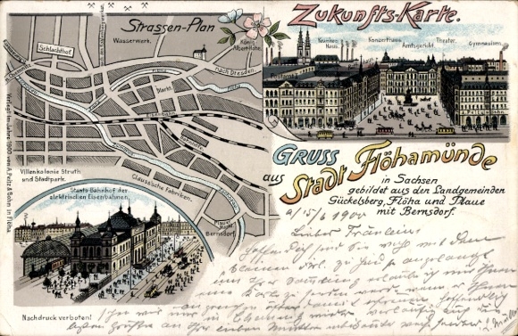 Zukunfts Litho Flöha in Sachsen, Stadtplan, Flöhamünde, Konzerthaus, Theater, Gymnasium, Bahnhof