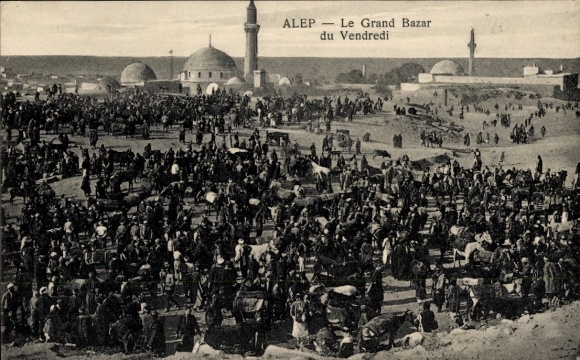 Ak Aleppo Syrien, Großer Basar, Menschenmenge, Kamele, Moscheen