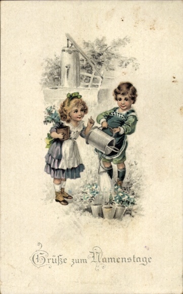 Litho Glückwunsch Namenstag, Kinder mit Gießkanne