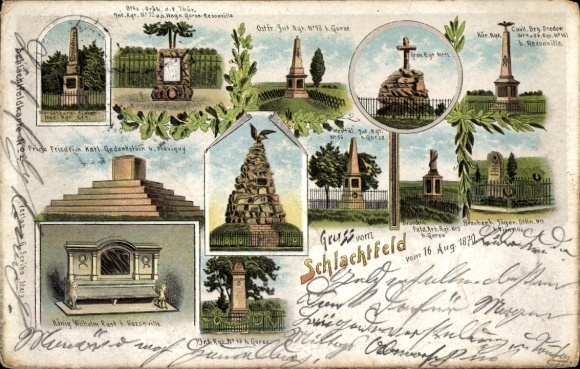 Litho Schlachtfeld vom 16. August 1870, Regiments-Denkmäler