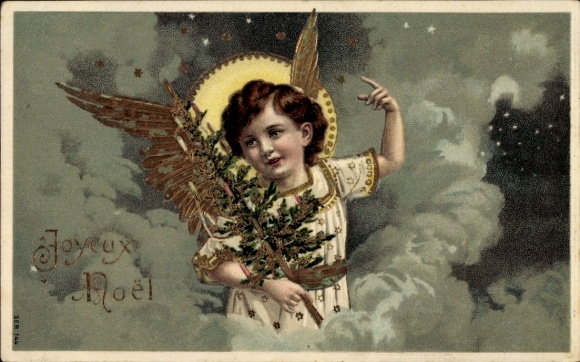 Präge Ak Frohe Weihnachten, Engel mit Tannenbaum