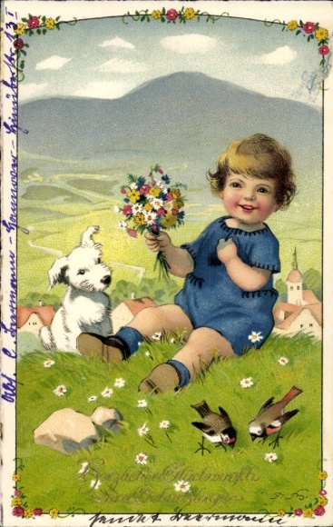 Künstler Ak Baumgarten, F., Glückwunsch Geburtstag, Kind, Vögel, Hund, Blumen