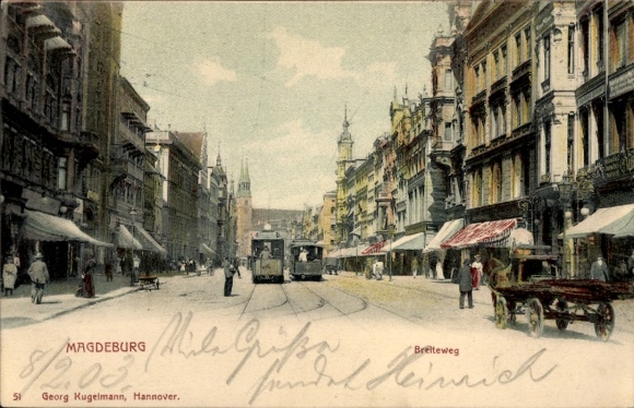 Ak Magdeburg an der Elbe, Breiteweg, Straßenbahnen, Geschäfte