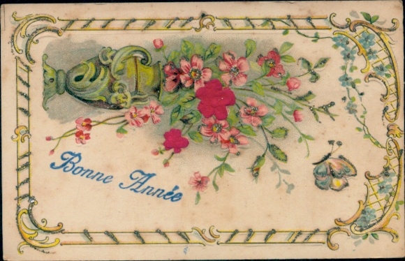 Präge Glitzer Material Ak Glückwunsch Neujahr, Blumen, Schmetterling, Blumenvase