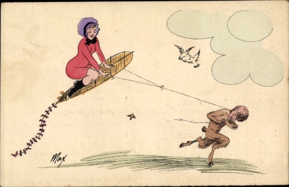 Künstler Ak Max, Drachensport, Frau auf einem Drachen, Pan, Vögel