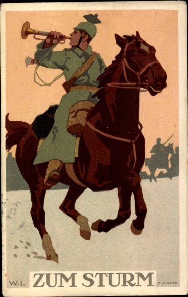 Steindruck Ak Zum Sturm, Reiter bläst zum Angriff