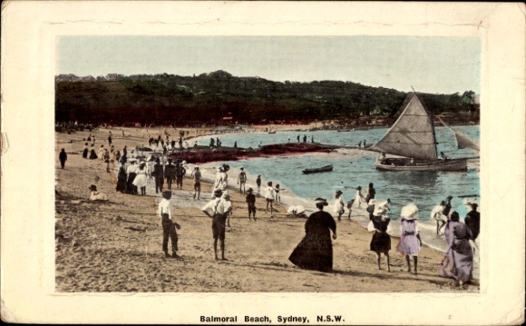 Ak Mosman Sydney Australien, Balmoral Beach,  N.S.W., Strand, Segelboot, Menschen am Strand