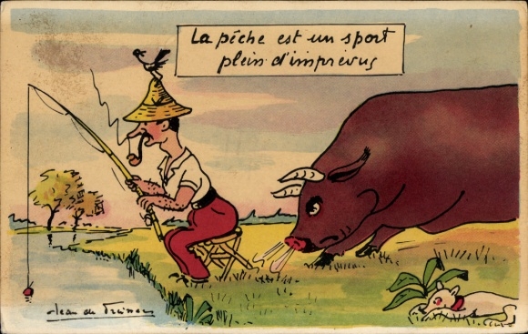 Künstler Ak Stier greift einen Angler an, Angelrute