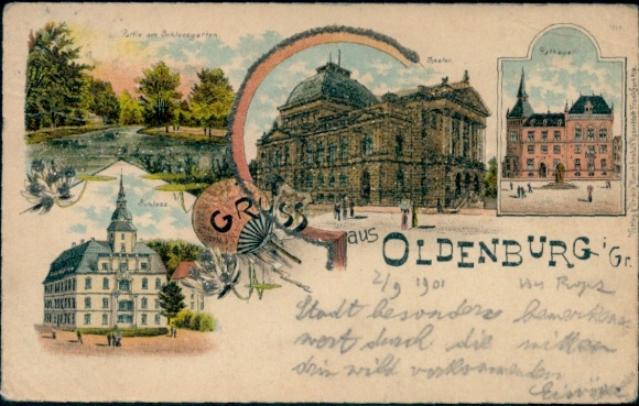 Glitzer Litho Oldenburg im Großherzogtum Oldenburg, Rathaus, Theater, Schlossgarten