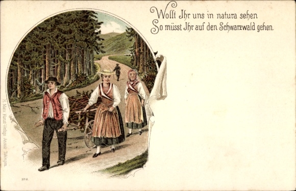 Litho Schwarzwald, Forstarbeiter in Schwarzwälder Tracht auf Waldweg, Holzkarren