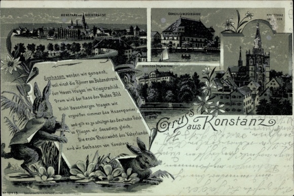 Mondschein Litho Konstanz am Bodensee, Seehasen, Schloss Mainau, Münster, Conciliumsgebäude
