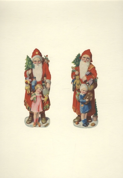 2 Oblaten Weihnachtsmänner mit Kinderspielzeug, Tannenbäumchen, Lebkuchen, Kinder, ca. 13 x 4,5
