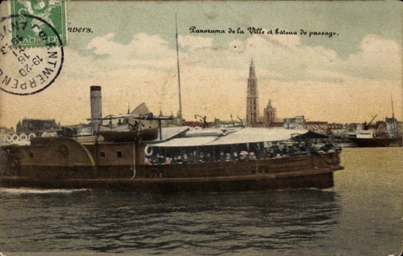 CPA Anvers, Panorama de la Ville et bateau de passage