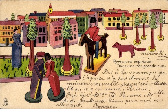 Künstler Ak Reiter, Liebespaar, Holzspielzeug