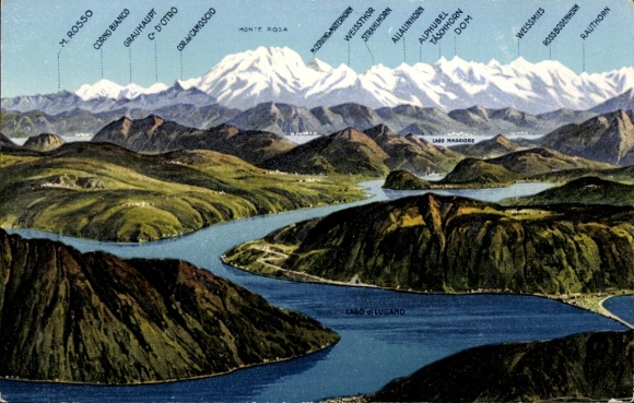 Ak Gandria Lago di Lugano Tessin Schweiz, Berglandschaft,  Monte Generoso, Beschriftungen der Ber
