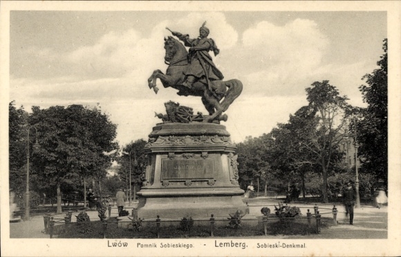 Ak Lwiw Lwów Lemberg Léopol Ukraine, Reiterstatue, Denkmal für Sobieski,  Lemberg