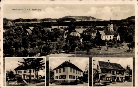 Ak Krumbach Schwaben, Gesamtansicht, Pfarrhaus, Schulhaus, Bäckerei