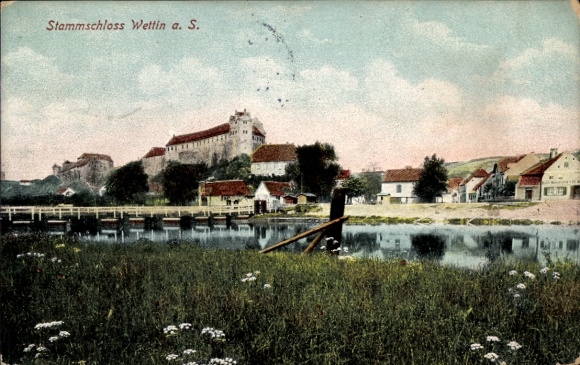 Ak Wettin Löbejün im Saalekreis, Stammschloss Wettin a. S., Wasser, Wiesen, Häuser, 