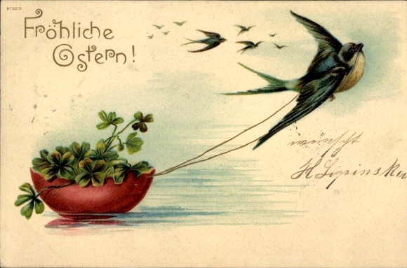 Litho Frohe Ostern, Schwalbe zieht Eierschale mit Kleeblättern