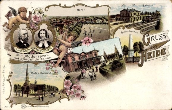 Litho Heide in Holstein, Klaus Groth, Sophie Dethleffs, Kirche, Markt, Bahnhof