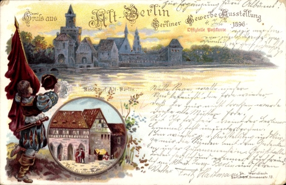 Litho Berlin Treptow, Blick auf Alt Berlin, Teil des alten Rathauses, Gewerbeausstellung 1896