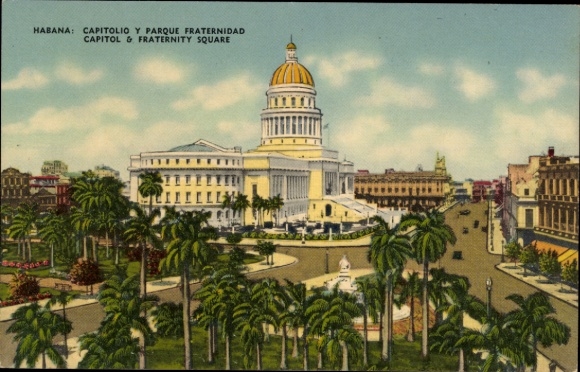 Ak Havana Havanna Habana Kuba, Capitolio, Parque Fraternidad, Palmen, Straßenansicht, Kuba