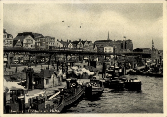 Ak Hamburg, Hochbahn am Hafen, Schleppschiffe