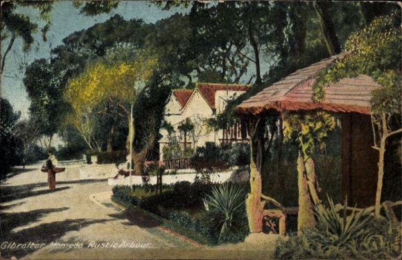 Ak Gibraltar, Gartenlandschaft, Bäume, Häuser, Pavillon, Straße
