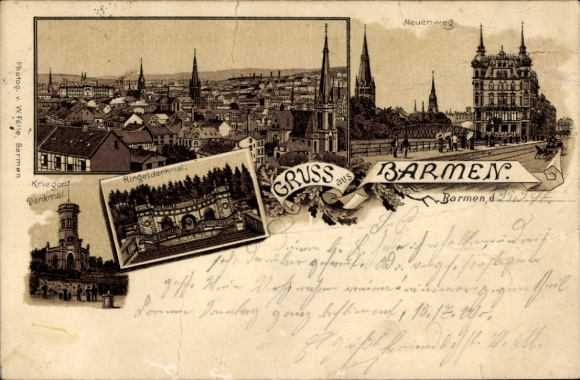 Vorläufer Litho Barmen Wuppertal in Nordrhein Westfalen, Neuenweg, Kriegerdenkmal, Totale, 1893