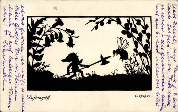 Scherenschnitt Künstler Ak Pflug, C., Luftangriff, Zwerg, Biene