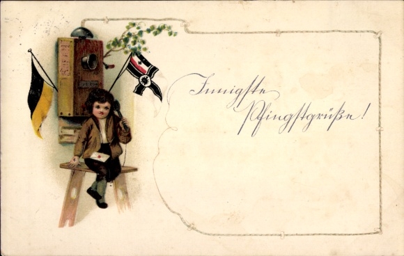 Präge Ak Frohe Pfingsten, Patriotik, Kind, Telefon