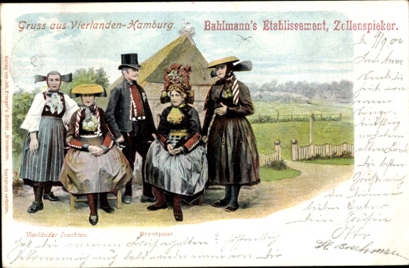 Litho Hamburg Bergedorf Vierlanden, Brautpaar in Tracht, Bahlmanns Etablissement Zollenspieker