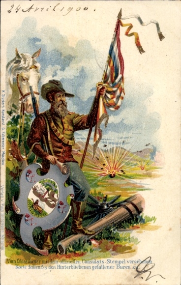 Wappen Litho Südafrika, Burenkrieg, Bure mit Pferd und Flagge