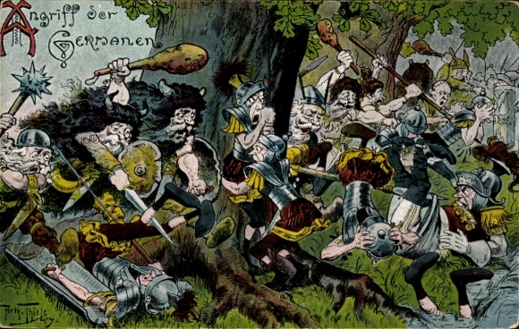 Künstler Ak Thiele, A., Angriff der Germanen, Schlachtfeld, Römische Krieger