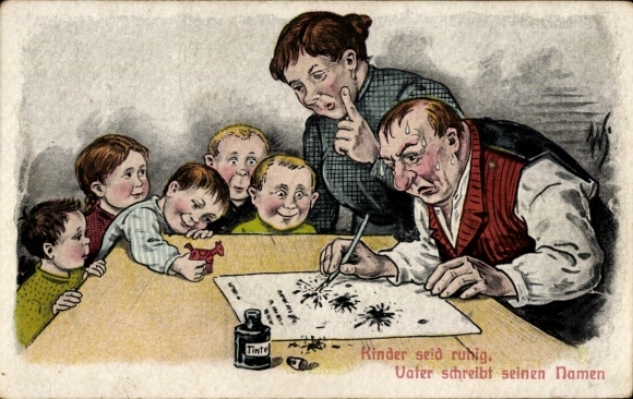 Ak Mann versucht zu schreiben, Tintenfass, Kinder seid ruhig, Vater schreibt seinen Namen