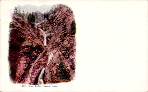 Ak Cheyenne Wyoming USA, Siebenfälle,  Wasserfälle, Berge, Wald