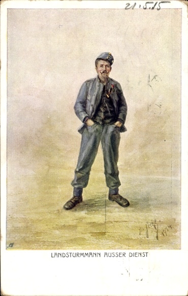 Künstler Ak Landsturmmann außer Dienst, kuk Soldat mit Pfeife, 1914