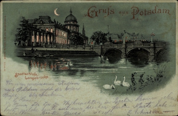Golden Windows Leuchtfenster Mondschein Litho Potsdam, Stadtschloss, Langebrücke
