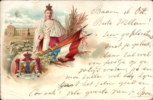 Litho Königin Wilhelmina der Niederlande, Portrait, Wappen, Fahne