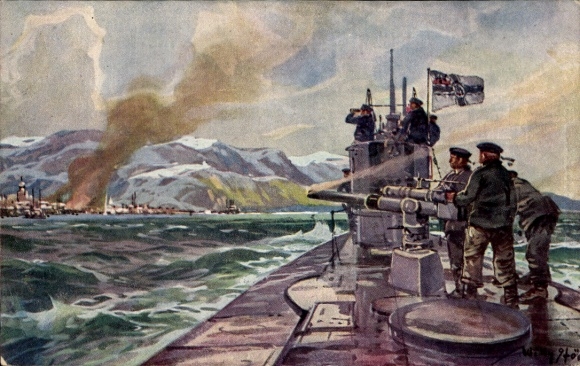 Künstler Ak Willy Stöwer, Deutsches U Boot im Eismeer, Beschießung von Alexandrowsk, U Boot Spende