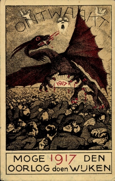 Künstler Ak Niederländischer Antikriegsrat, Friedenswoche, Möge 1917 den Krieg zurückweichen lassen
