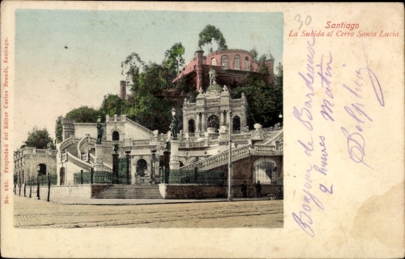 Ak Santiago de Chile, Cerro Santa Lucia, Treppen, Gartenanlagen,  aus Santiago