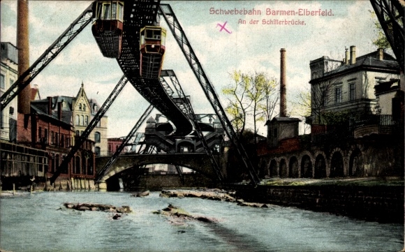 Ak Barmen Elberfeld Wuppertal, Schwebebahn an der Schifferbrücke