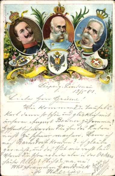 Litho Kaiser Wilhelm II., Kaiser Franz Joseph I., Umberto I, Wappen